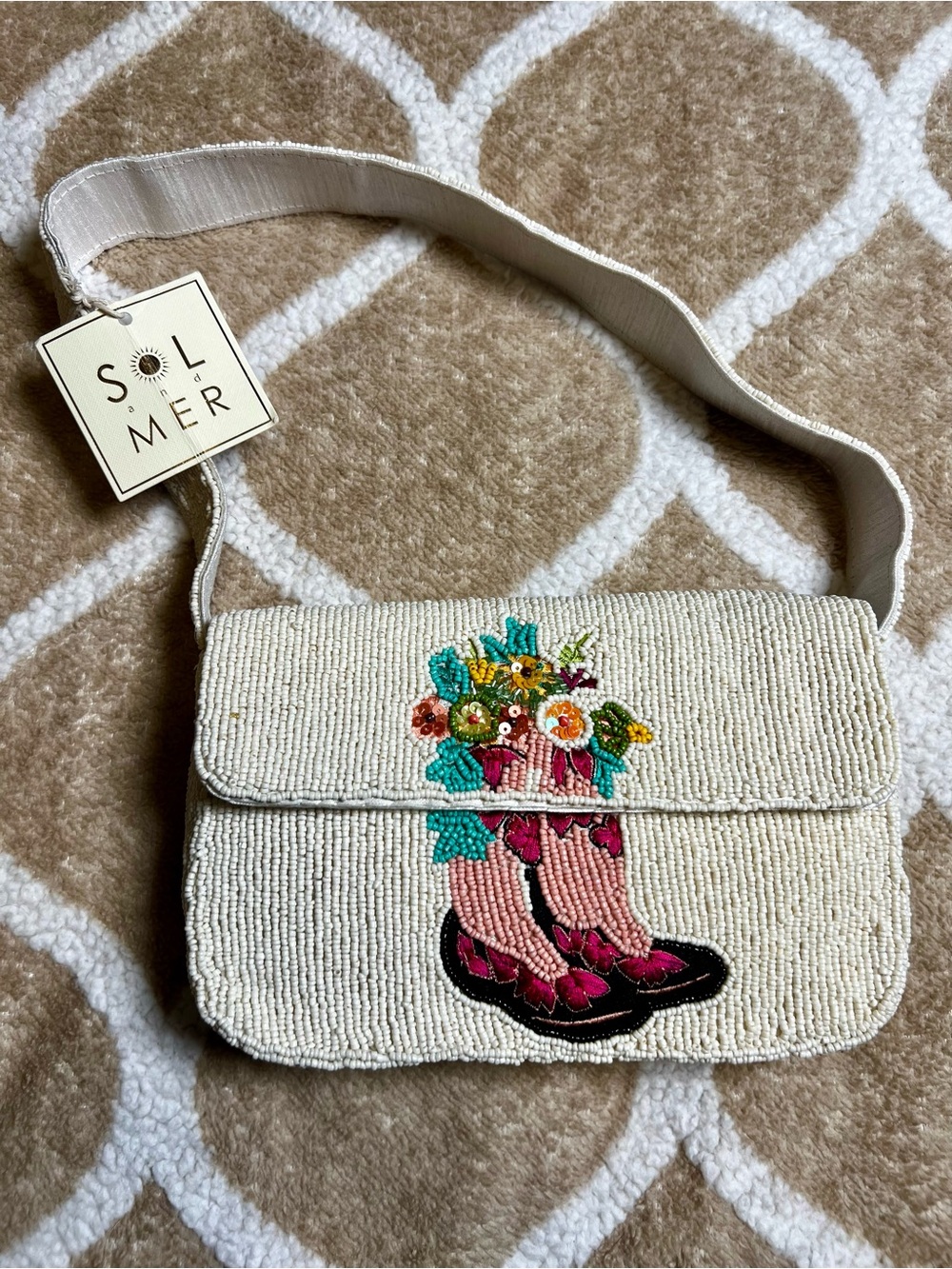 Viral Sol & Merr Cream Cowboy Boots Beaded Shoulder Bag